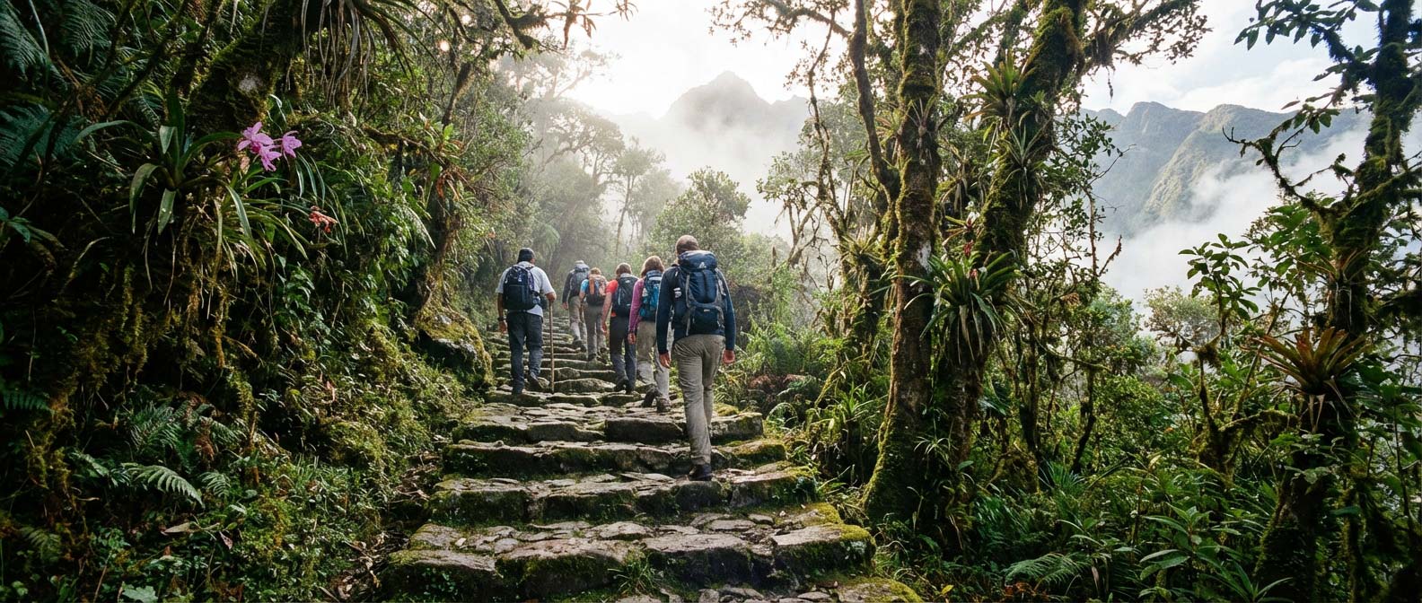 Hikers on the Inca Trail approaching Machu Picchu